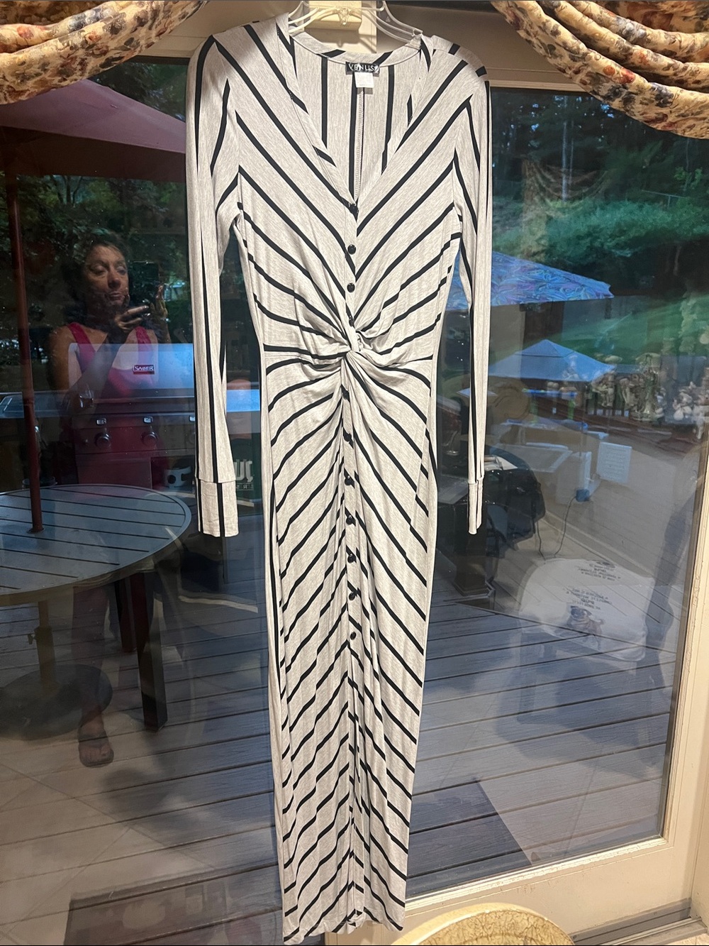 Worn 1x Venus size small Black & grey Striped Long Sleeve Knotted Maxi Dress